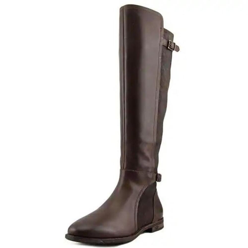 UGG Danae Leather Round Toe Riding Adjustable Knee-High Boots Dark Brown 8